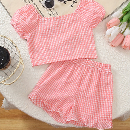 Meisjes 2-delige Fashion Casual Gestreept Geruit Pofmouw Top En Kanten Shorts Set, Koele Strandfeest Lente Zomer Cadeau, voor Buiten