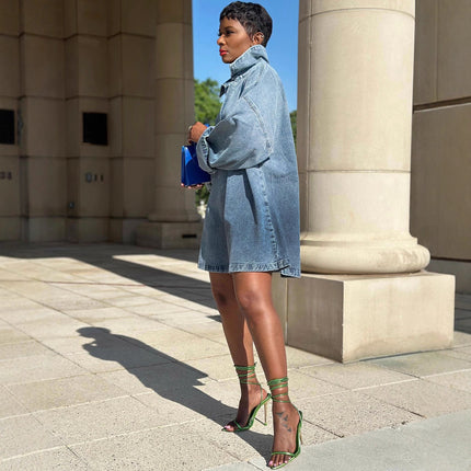 Womens Relaxed-Style Fashionable Denim Skirt With Notch Lapel Ombre Long Sleeves