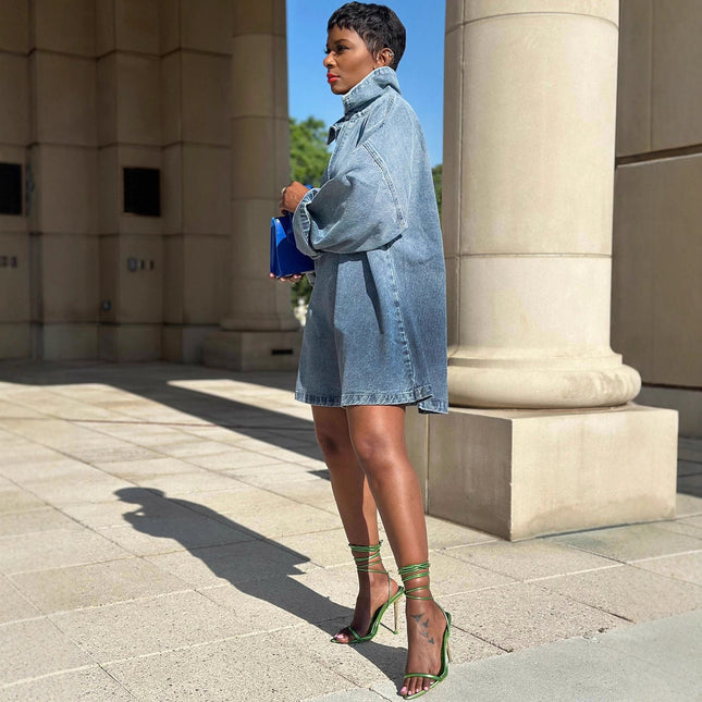 Womens Relaxed-Style Fashionable Denim Skirt With Notch Lapel Ombre Long Sleeves - XdropX