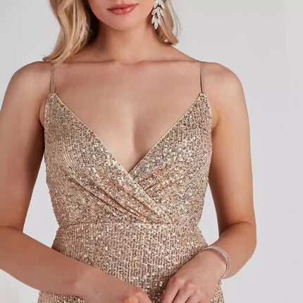 Womens Sexy V-Neck Sequined Bodycon Strap Dress
