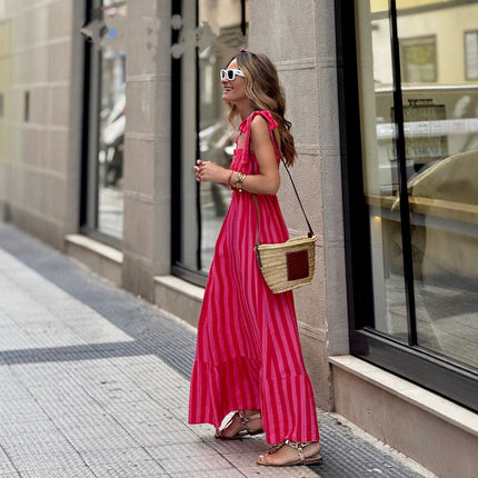 Womens Striped Printed Lace-Up Waist-Cinching Dress