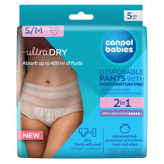Canpol Babies 2-in-1 Disposable Postpartum Panties with Ultra Absorbent Postpartum Pad - Size S/M (5 pcs)