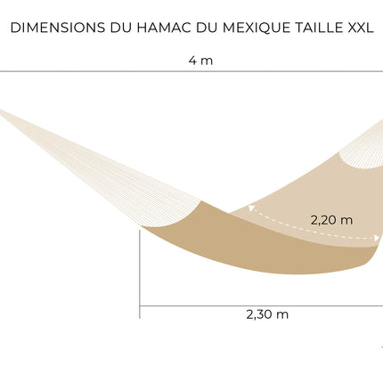 Dessin d'un hamac du Mexique fait main XXL avec mesures détaillées