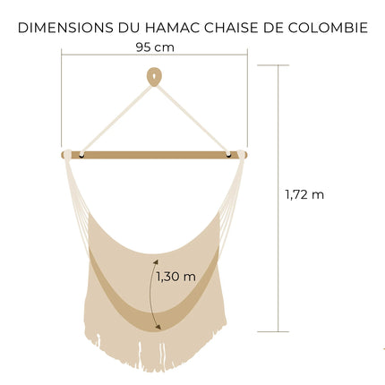 Dessin d'un hamac chaise de Colombie fait main XL avec mesures détaillées