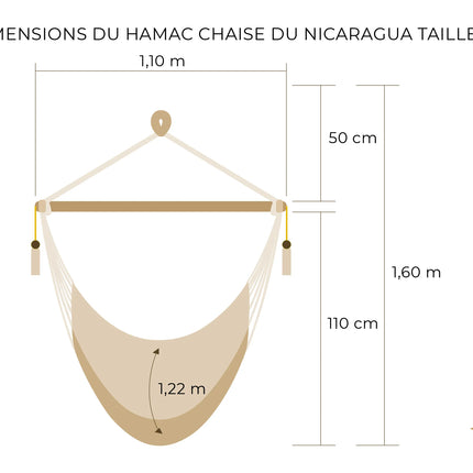 Dessin d'un hamac chaise du Nicaragua fait main XL avec mesures détaillées