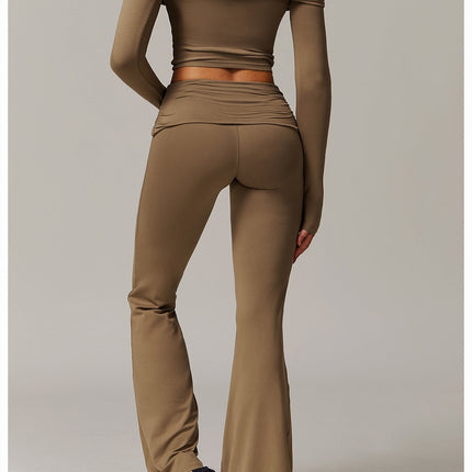 Brushed Foldover High-Waist Ruched Flared Yoga Pants-2
