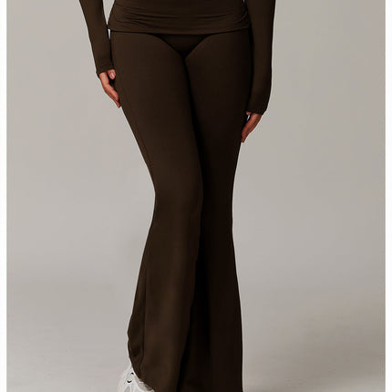 Brushed Foldover High-Waist Ruched Flared Yoga Pants-4