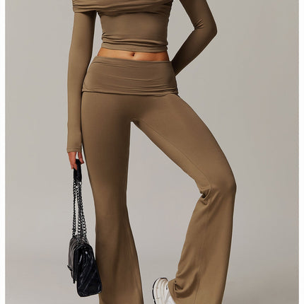 Brushed Foldover High-Waist Ruched Flared Yoga Pants-3