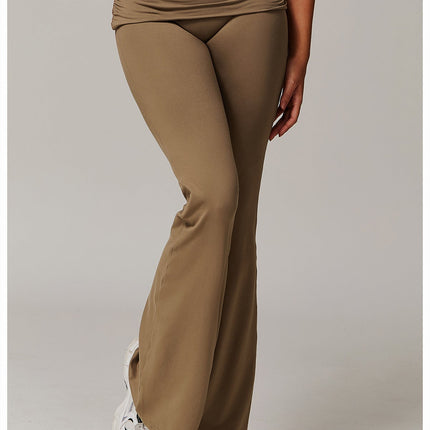 Brushed Foldover High-Waist Ruched Flared Yoga Pants-0