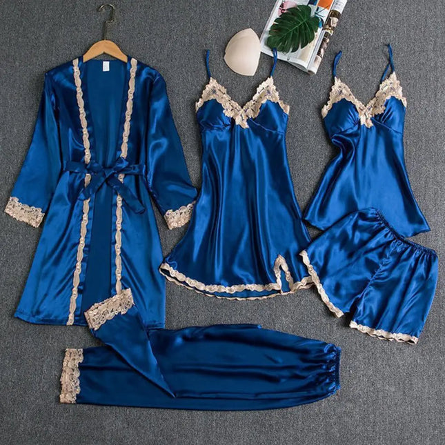 Women's Summer Sexy Pajama Pants Set 5 Pieces Nightgown Nightdress Top Shorts Pants Set Lace Satin Silk Sleepwear Robe Sleepwear - XdropX