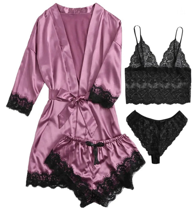 Women's Sexy Pajamas Nightgowns Lingerie Shorts 4-piece Lace Camisole Pajama Set Home Robe Nightgowns Leisure wear - XdropX