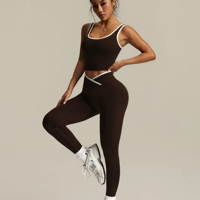 2 Piece Yoga Set Women Crossover V Waist Leggings Contrast Trim Sports Bra Gym Workout Matching Set Fitness Activewear Suit - XdropX