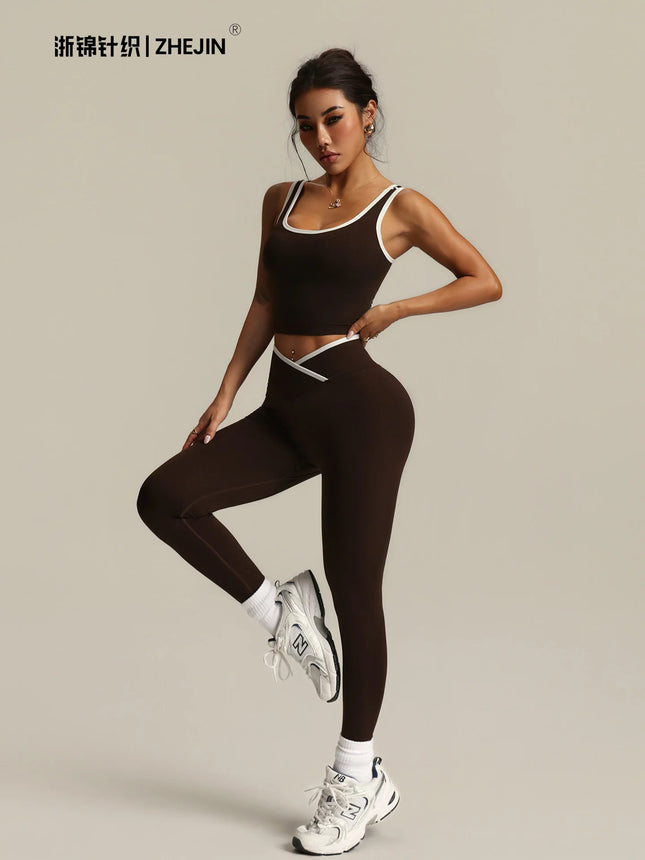 2 Piece Yoga Set Women Crossover V Waist Leggings Contrast Trim Sports Bra Gym Workout Matching Set Fitness Activewear Suit - XdropX