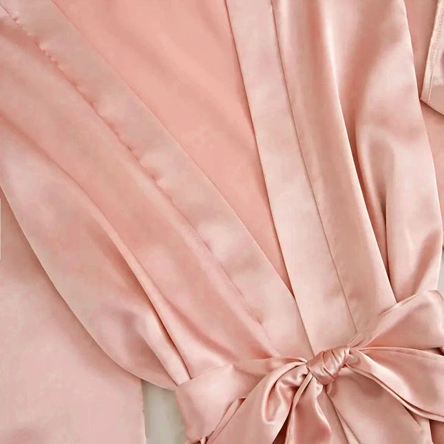Women's Satin Sleepwear Pajama Set Pink Sexy Lingerie Bath Robe Lace Patchwork Silk Night Dress Trousers Home Clothed Nightwear - XdropX