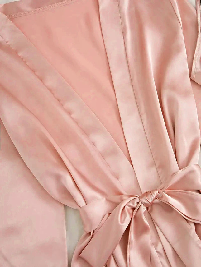 Women's Satin Sleepwear Pajama Set Pink Sexy Lingerie Bath Robe Lace Patchwork Silk Night Dress Trousers Home Clothed Nightwear - XdropX