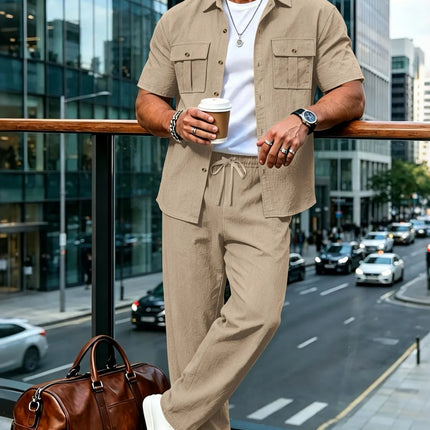 Men's Cotton Linen Short Sleeve Shirt & Pants Set Turn-Down Collar Double Pocket Casual Streetwear