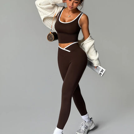 2 Piece Yoga Set Women Crossover V Waist Leggings Contrast Trim Sports Bra Gym Workout Matching Set Fitness Activewear Suit