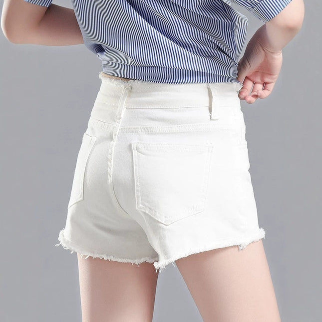 A-line Frayed Hem Mid-to-high Waist Stretchy Trendy Denim Shorts - XdropX
