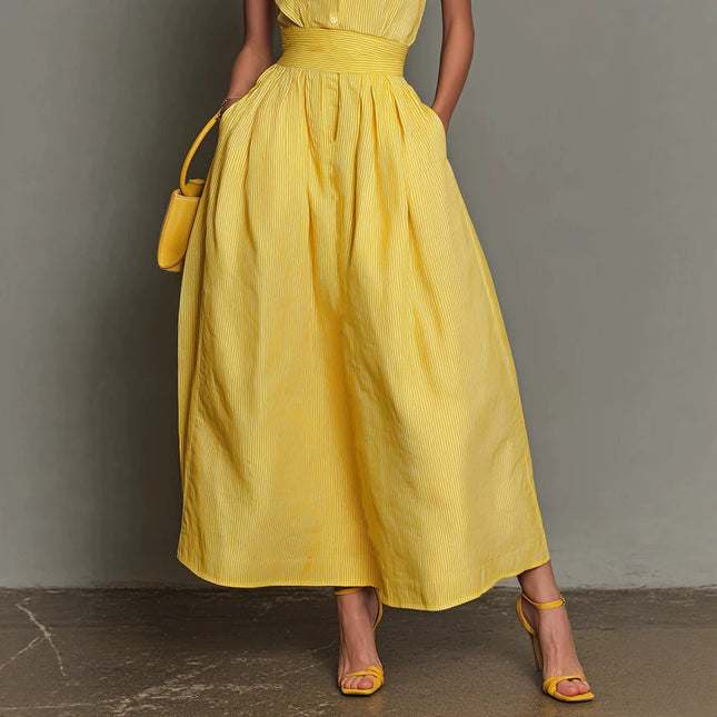 Yellow-striped V-neck, Waist-cinched, Sleeveless Dress That The - XdropX