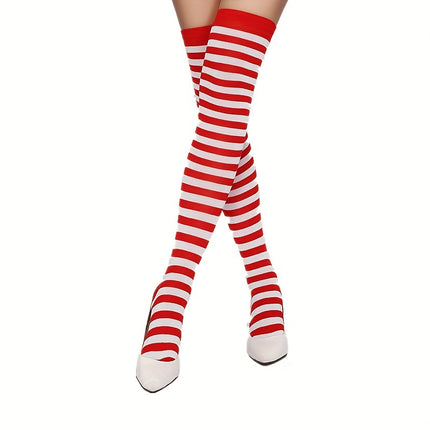 1 Paar Gestreepte Hoge Strakke Sokken, Over De Knie Thermische Lange Crew Sokken voor Cosplay, Dameskousen & Hosen