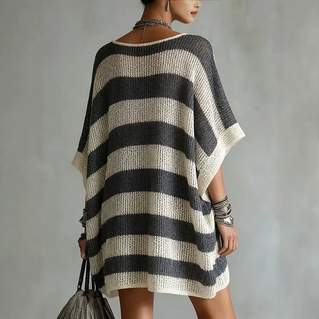 Plus-size Knit Sweater With A V-neck Puff Sleeves And A Color-block Design Relaxed Fit - XdropX