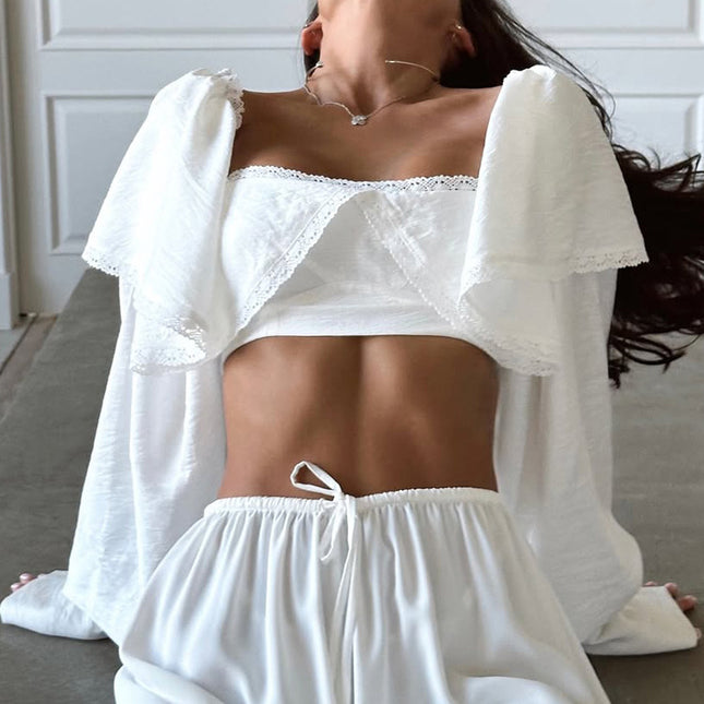 Square Neck Tie-up Lace-trimmed Crop Shirt - XdropX