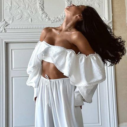 Square Neck Tie-up Lace-trimmed Crop Shirt