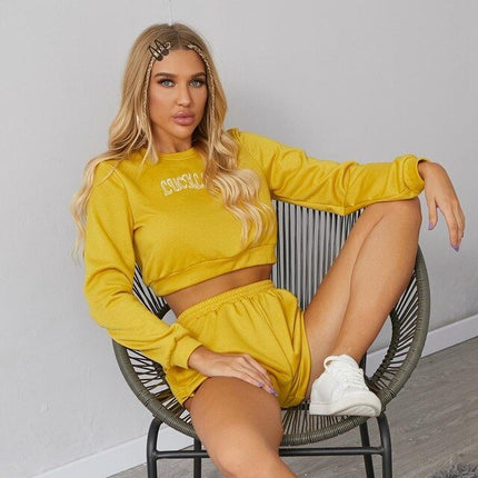Autumn Letter Print Two Piece Tracksuit Set Casual Gym Sportswear Running Work Out Outfits Long Sleeve Crop Top Shorts Suit-5
