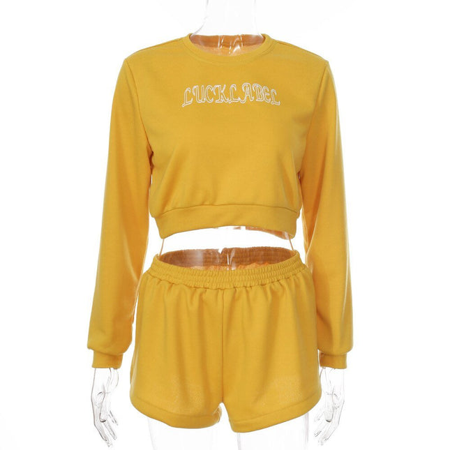 Autumn Letter Print Two Piece Tracksuit Set Casual Gym Sportswear Running Work Out Outfits Long Sleeve Crop Top Shorts Suit-1