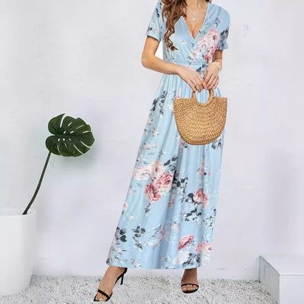 Printed V-neck Short Sleeve Dress