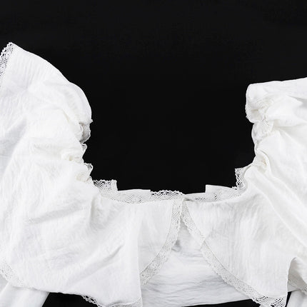 Square Neck Tie-up Lace-trimmed Crop Shirt
