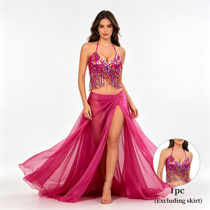 1 stuk Handgemaakt Boheems Buikdanskostuum met Paillettenrok & Kwastjes - Rugvrij Sari Geschikt voor Rave, Carnaval, Nachtcluboptredens, Strandfeesten, Etnische Festivaloutfits voor Dames, Retro Uitgaansleven Dansoutfitaccessoires