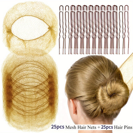 50-delige Haaraccessoireset: 25 Onzichtbare Mesh Haarnetjes en 25 U-vormige Haarclips, Geschikt voor Vrouwen, Balletproducties en Dans. Haarnet - 50,8 cm, Haarclip - 6,1 cm. Vakantiecadeau, Stijlvol voor op Reis