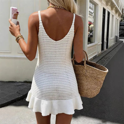 Womens Solid-color Sleeveless V-neck Dress With A Flounced Hem