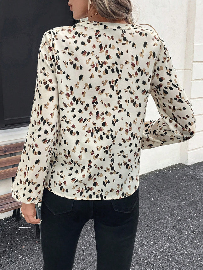 Women's V-Neck All-Over Print Elegant Long Sleeve Blouse,Long Sleeve Tops - XdropX