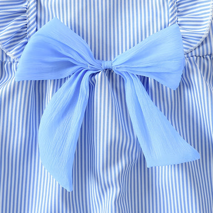 Koningsblauwe Mouwloze Jurk voor Meisjes met Witte Strepen, Nieuwe Zomerstijl, Schattige Ruchesmouwen, Grote Strikversiering, Fris en Ademend