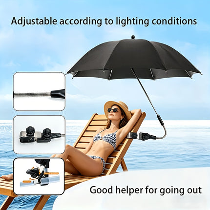 Nieuwe strandstoelparasol met zonbescherming, draagbare zonneschermparasol met clip, 360° draaibaar en in hoogte verstelbaar, biedt warmte-isolatie en zonbescherming, ideaal voor kamperen, strandstoelen, golfkarretjes