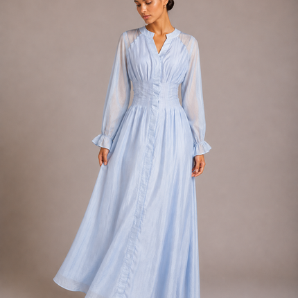 Puff Long Sleeve Gathered Waist Button Front Flowy Dress