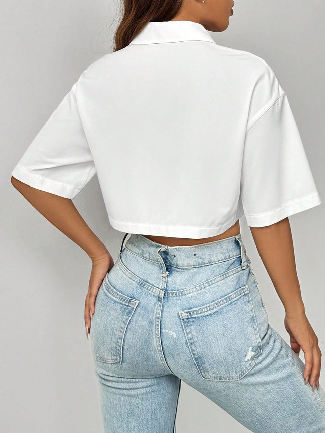 Shoulder Pocket Patched Crop Shirt Short Sleeve Tops - XdropX