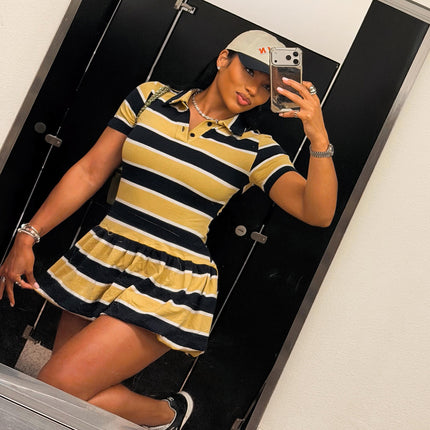 Womens Striped Sporty Short-sleeve Dress With A Lapel Collar