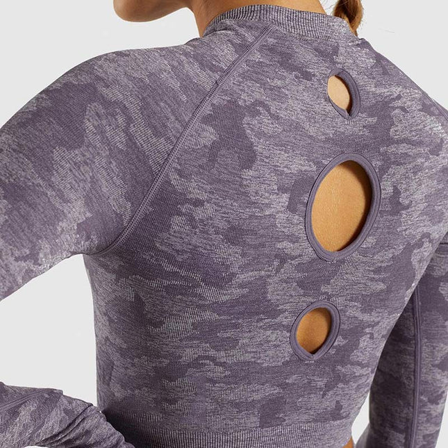 Camo Seamless O-Neck Shirts Women Gym Long Sleeves Running Sport Shirts Women Fitness Top Workout Tops-5