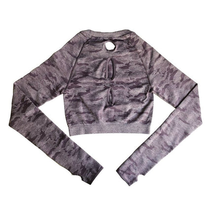 Camo Seamless O-Neck Shirts Women Gym Long Sleeves Running Sport Shirts Women Fitness Top Workout Tops-2