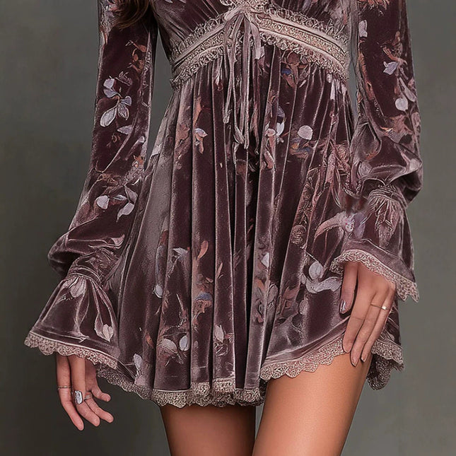 Lavender Velvet Mini Dress With Floral Print - XdropX