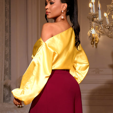 One Shoulder Balloon Puff Sleeve Cropped Blouse