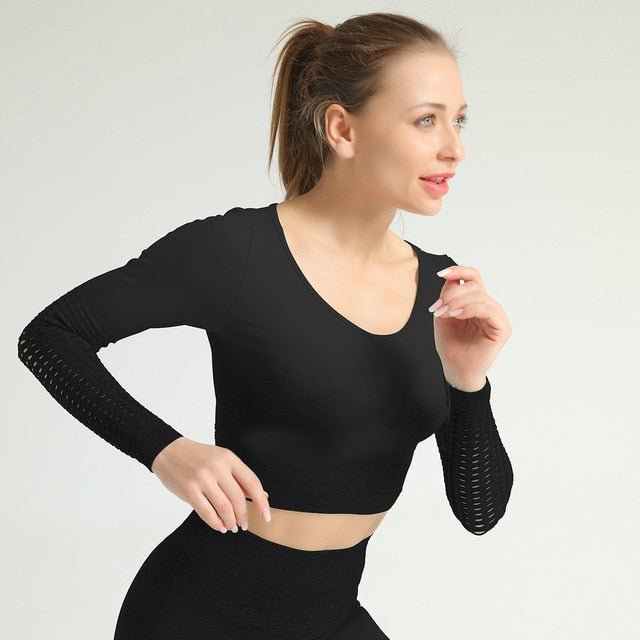 Colorvalue Seamless Ombre Yoga Sport Fitness Cropped Tops Women Stretchy Hollow Out Slim Fit Workout Gym Long Sleeved Shirts-5