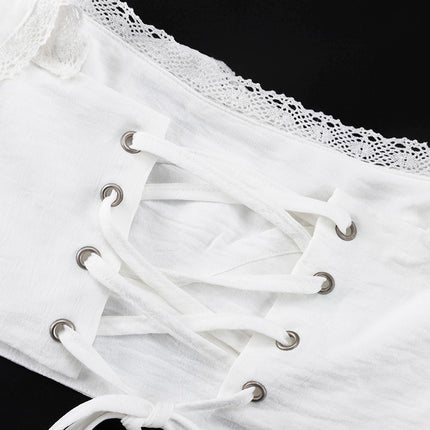 Square Neck Tie-up Lace-trimmed Crop Shirt