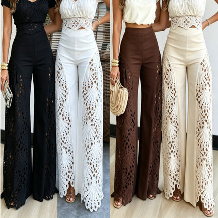 Womens Versatile Lace Hollow-out Patchwork High-waisted Solid-color Wide-leg Pants
