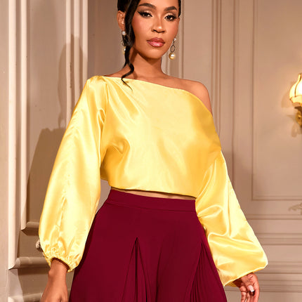 One Shoulder Balloon Puff Sleeve Cropped Blouse