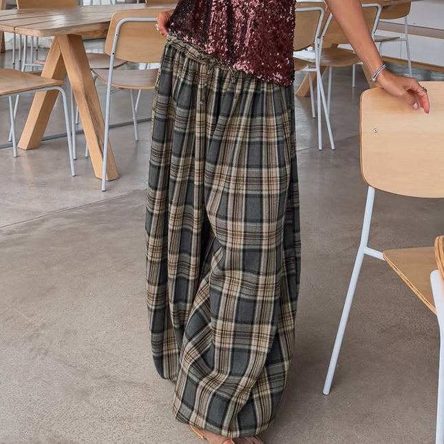 Vintage Grey Plaid Elastic Drawstring High Waist Oversized Wide Leg Floor Pants - XdropX