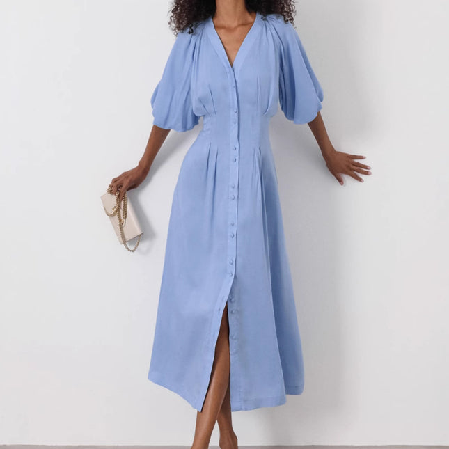 Women's Cotton V-neck Puffed-sleeve Dress - XdropX